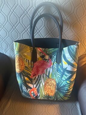 Save My Bag tropical Flamingo & Pineapple Tote Bag with black handles